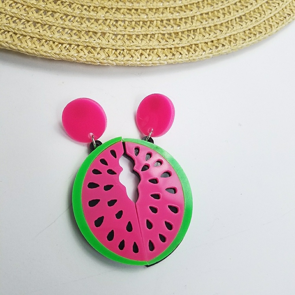 Watermelon Slice Acrylic Fruit Drop Post Earrings - Picture 3 of 7